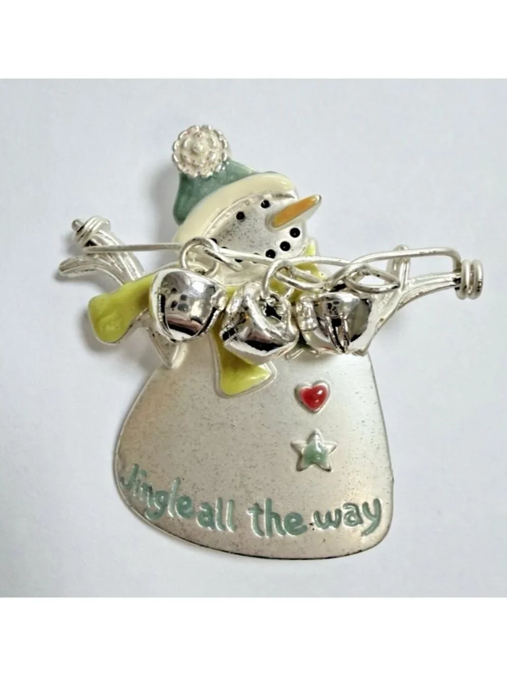 Snowman Brooch Jingle All The Way With Jingle Bells Silver Tone Signed TC